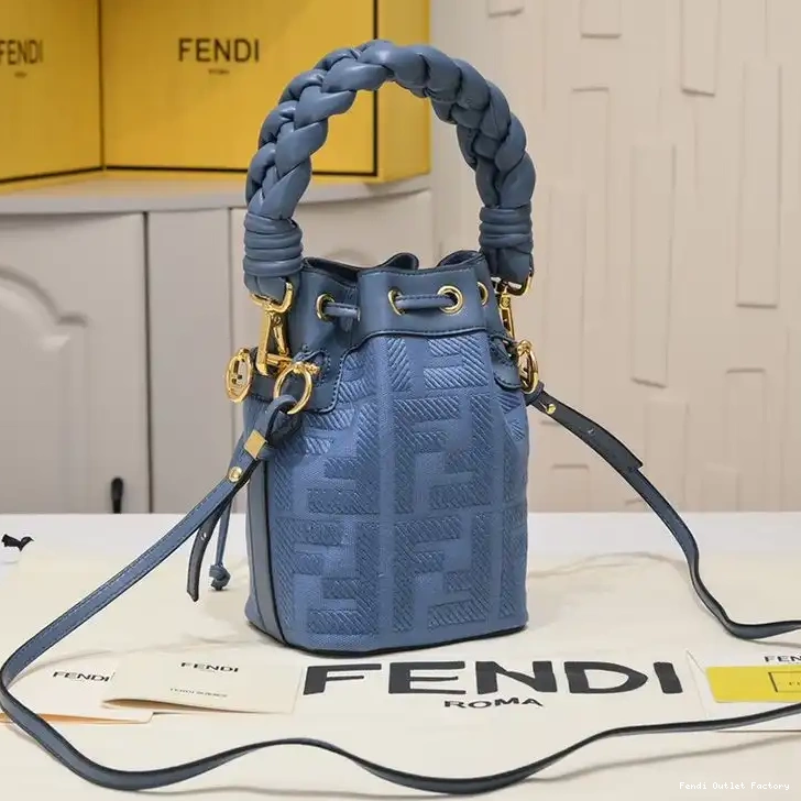 Affordable HOT Canvas FF Mon Bucket Mini Blue In Motif with Bag Fendi Tresor Handle Woven 0607
